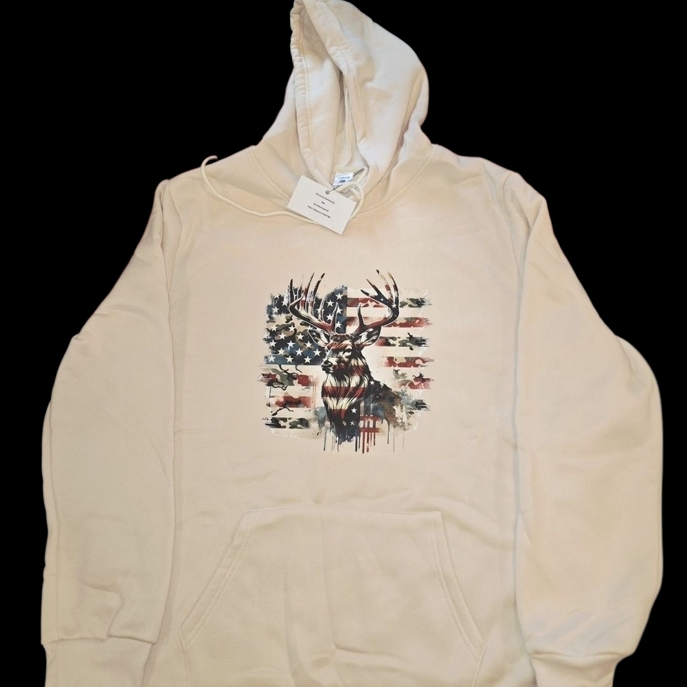 Men's Beige Hoodie with Patriotic Deer Design